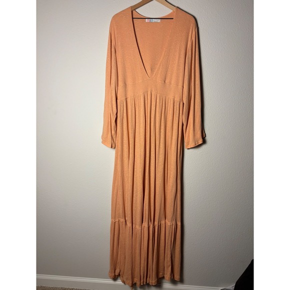 Free People Dresses & Skirts - Free People Beach V Neck Maxi Tiered Dress Peach Apricot Long Sleeve L